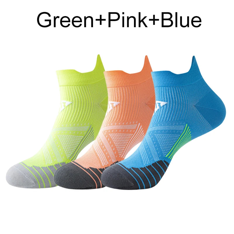 3 Pairs Marathon Socks Men Women Professional Sport Ankle Running Socks Thickened Cushioned Tube Low Cut Fitness Short Sock Mesh